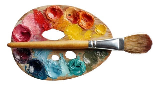 Artistic Paintbrush and Palette: A flat lay of an artistic paintbrush and palette with vibrant colors, isolated on a Transparent background, PNG file.