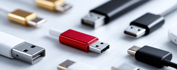 Fototapeta premium Variety of charging and data cables displayed on a smooth surface in soft lighting
