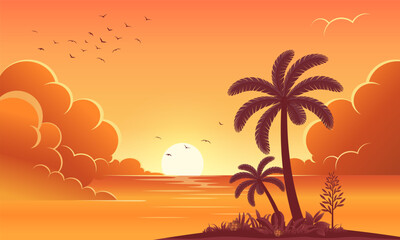 Peaceful and relaxing tropical sunset on the beach scene with beautiful clouds and palm trees. Vector flat illustration