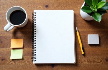 Notebook and coffee on wooden table with sticky notes, blank page concept for planning and ideas