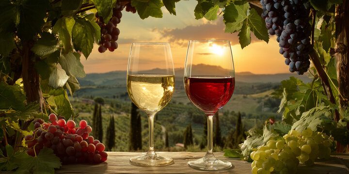  Zwei Gl&auml;ser Wei&szlig;- und Rotwein stehen auf dem Tisch, vor dem Hintergrund der toskanischen Landschaft, ein Bogen aus Trauben von oben, ein Sonnenuntergangsfoto