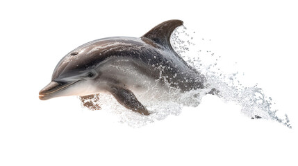 Baby Dolphin Leaping: A flat lay of a baby dolphin leaping out of the water, isolated on a Transparent background, PNG file.