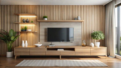 Interior Render With Wide Wooden Tv Bench In Minimal Style