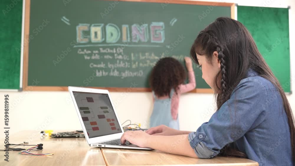 Poster girl writing engineering prompt by using ai software or programing system to generate ai on table wi