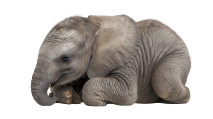 Baby Elephant Playing: A flat lay of a baby elephant playing with its trunk, isolated on a Transparent background, PNG file.
