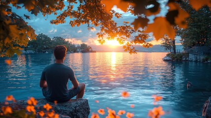 Serene Sunset Lake View: Man Contemplates Nature's Beauty
