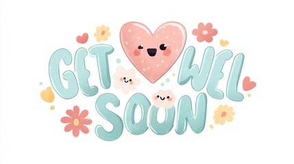 Pastel-colored, cartoonish "Get Well Soon" message with a heart and flowers