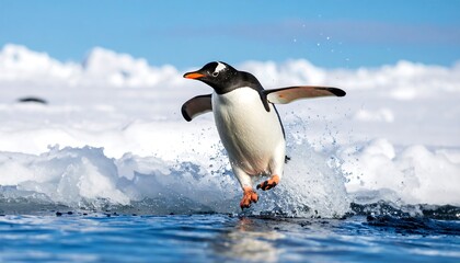 Fototapeta premium Gentoo penguin leaping from icy water