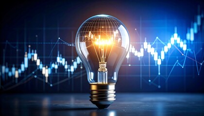 Illuminated light bulb over financial charts
