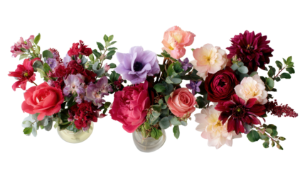 Beautiful Flower Arrangements: A flat lay of beautiful flower arrangements in vases, isolated on a Transparent background, PNG file.