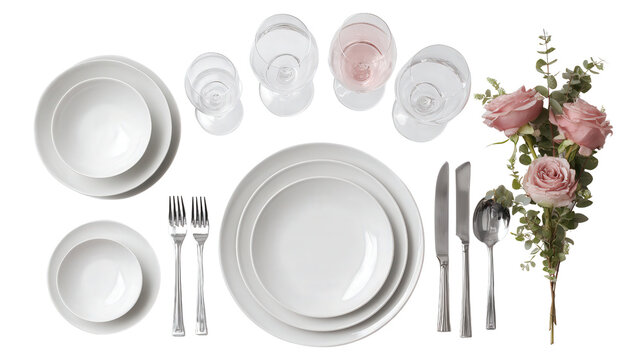 Beautiful Dining Tableware: A flat lay of beautiful dining tableware including plates, glasses, and cutlery, isolated on a Transparent background, PNG file.