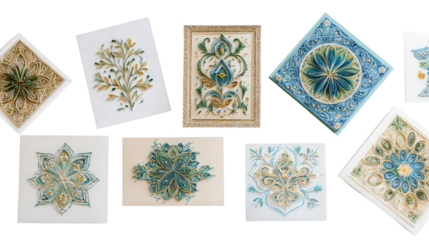 Beautiful Handmade Cards: A flat lay of beautiful handmade cards with intricate designs, isolated on a Transparent background, PNG file.