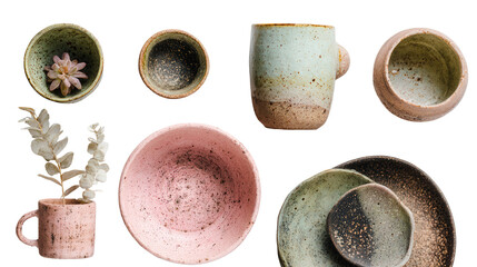 Beautiful Handmade Pottery: A flat lay of beautiful handmade pottery items like mugs, vases, and bowls, isolated on a Transparent background, PNG file.