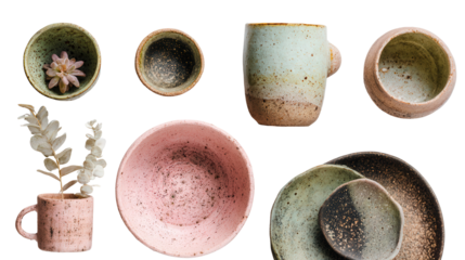 Beautiful Handmade Pottery: A flat lay of beautiful handmade pottery items like mugs, vases, and bowls, isolated on a Transparent background, PNG file.