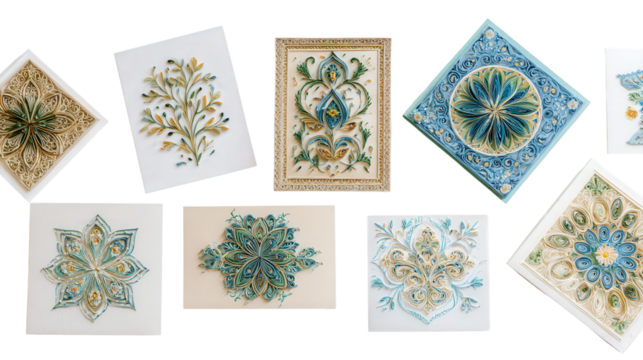 Beautiful Handmade Cards: A flat lay of beautiful handmade cards with intricate designs, isolated on a Transparent background, PNG file.