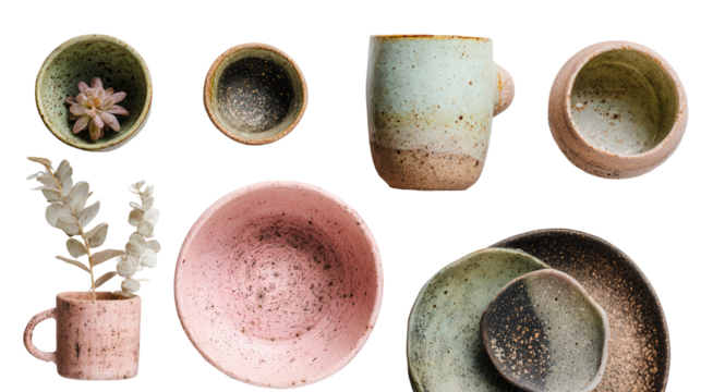 Beautiful Handmade Pottery: A flat lay of beautiful handmade pottery items like mugs, vases, and bowls, isolated on a Transparent background, PNG file. - Powered by Adobe