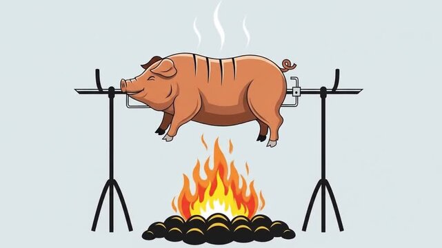 A simple illustration of a whole pig roasting on a spit over an open fire. This clean graphic is perfect for a barbecue, cookout, or luau theme.
