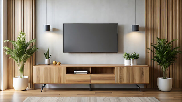 Minimalist Wood TV Console Mockup With Wall Mounted Style