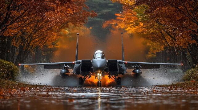 F-15 Eagle Jet Taking Off in Autumn Scenery - Powered by Adobe