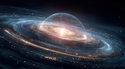 Holographic planet spinning with glowing orbit lines representing science fiction, cosmos design, and space tech