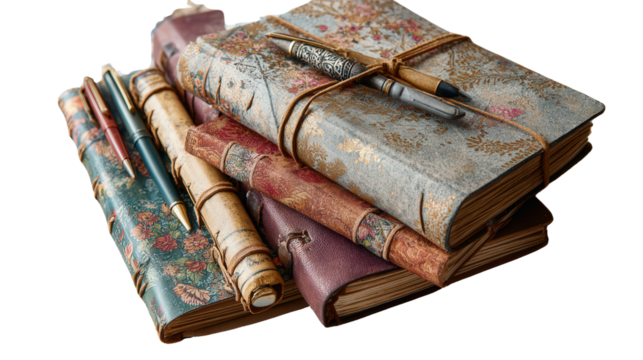 Beautiful Travel Journals: A flat lay of beautiful travel journals with pens and maps, isolated on a Transparent background, PNG file.