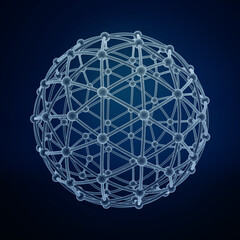Intricate 3D network sphere against a deep blue background.