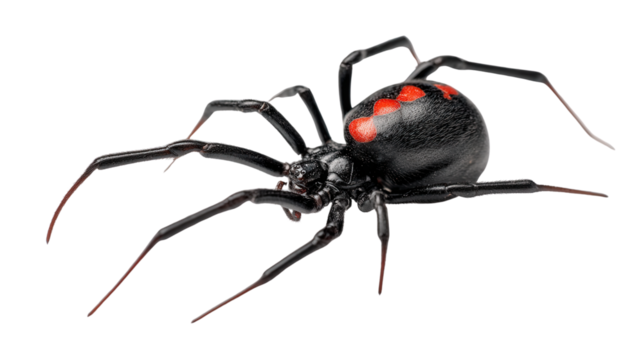 Black Widow Spider on White: A black widow spider with distinct red markings, isolated on a Transparent background, PNG file. - Powered by Adobe