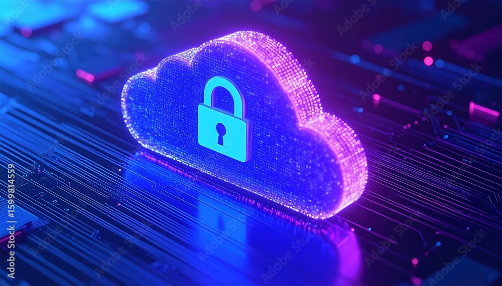 Poster digital cloud security concept with glowing padlock symbol representing data protection and cybersec