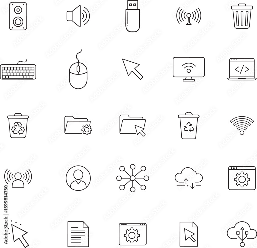 Poster set of minimalist line icons representing computer hardware and software elements