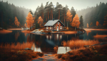 Autumn Cabin by Swedish Lake. A cozy wooden cabin beside a still lake surrounded by fall foliage in Sweden.