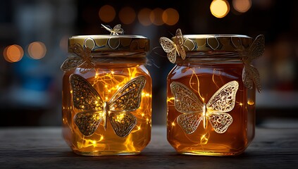 Golden Honey Jars with Decorative Flowers and Bees, Two glass jars filled with golden honey, featuring pressed flowers and fairy lights.