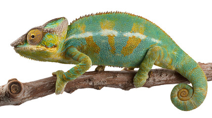 Obraz premium Chameleon Changing Colors: A chameleon changing its colors on a branch, isolated on a Transparent background, PNG file.