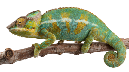Chameleon Changing Colors: A chameleon changing its colors on a branch, isolated on a Transparent background, PNG file.
