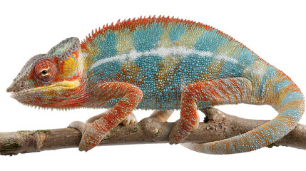 Obraz premium Chameleon Changing Colors: A flat lay of a chameleon changing colors on a branch, isolated on a Transparent background, PNG file.