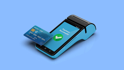 Contactless credit card payment at a modern POS terminal, 3D isometric illustration