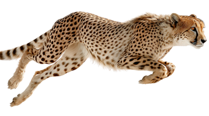 Cheetah Running Fast: A flat lay of a cheetah running fast across the savannah, isolated on a Transparent background, PNG file.