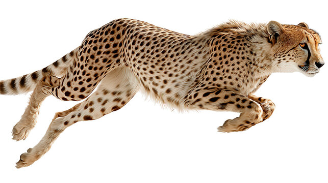 Cheetah Running Fast: A flat lay of a cheetah running fast across the savannah, isolated on a Transparent background, PNG file.