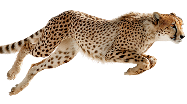 Cheetah Running Fast: A flat lay of a cheetah running fast across the savannah, isolated on a Transparent background, PNG file.