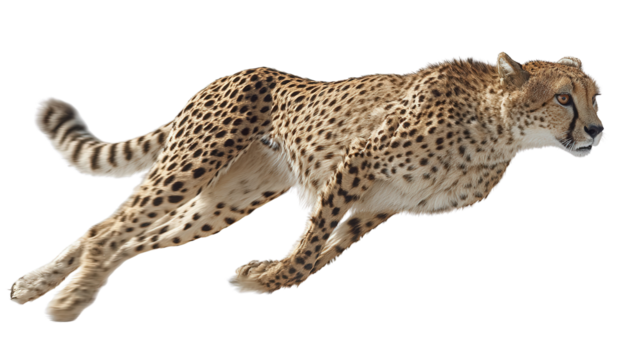 Cheetah Running Fast: A flat lay of a cheetah running fast across the savannah, isolated on a Transparent background, PNG file.