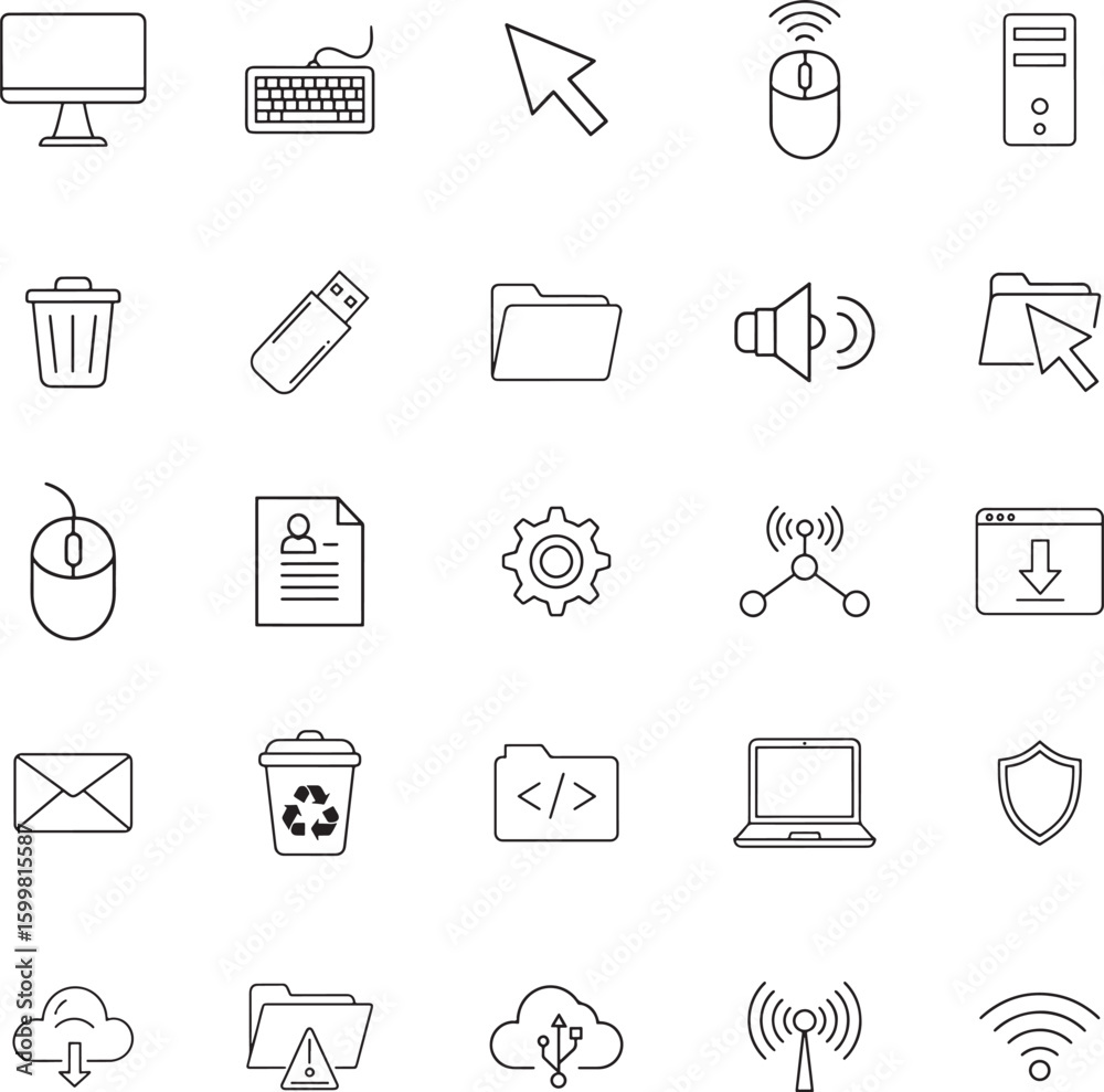 Poster Set of Minimalist Line Icons Representing Computer Hardware and Software Elements