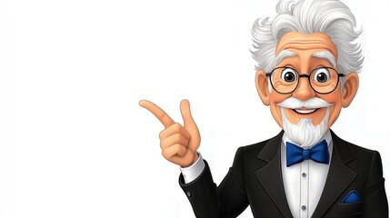 Smiling Cartoon Elderly Man Pointing Right on White Background