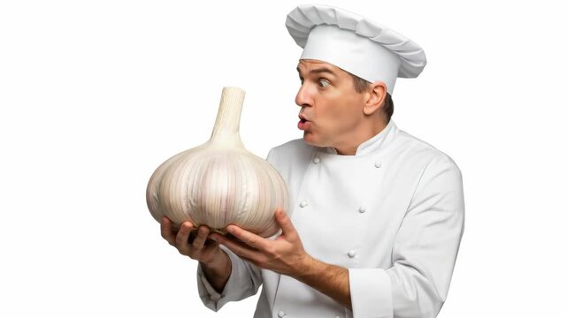Amazed Chef Holding a Giant Garlic Bulb - A male chef in a white uniform looks surprised while holding a large garlic bulb.