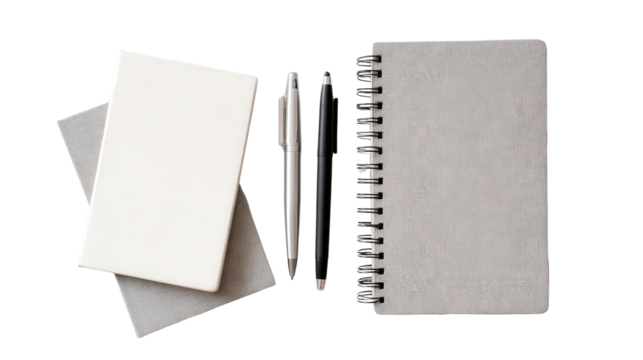 Clean and Simple Notebooks: A flat lay of clean and simple notebooks with pens, isolated on a Transparent background, PNG file.