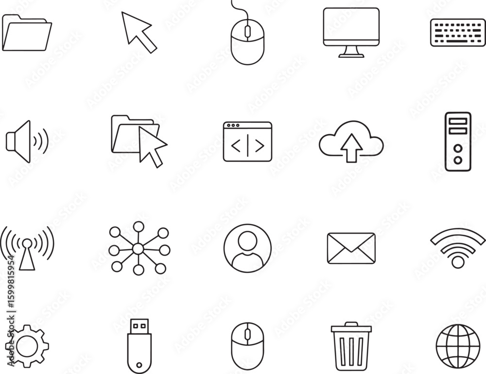 Fototapete Set of Minimalist Line Icons Representing Computer Hardware and Software Elements