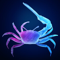 A vibrant, neon-colored digital rendering of a crab against a dark blue background.