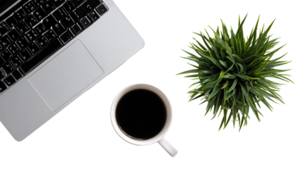 Clean Office Desk Setup: A flat lay of a clean office desk setup with a laptop, plant, and coffee mug, isolated on a Transparent background, PNG file.