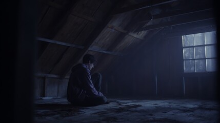 Figure crouched in corner of dim attic in moody grayish purple tones