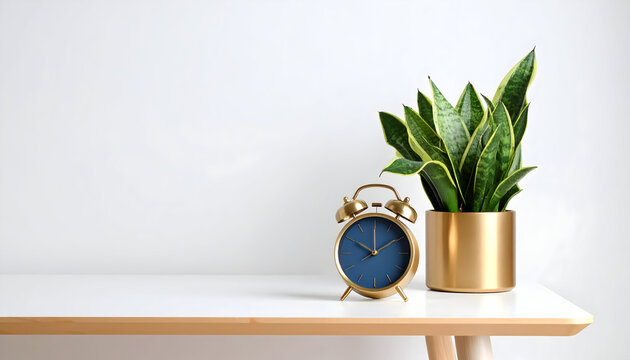 Flowers in a vase with a vintage alarm clock and books on a table