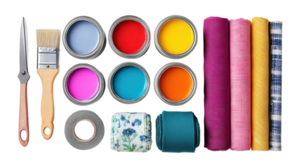 Creative DIY Projects: A flat lay of creative DIY project materials like paint, fabric, and scissors, isolated on a Transparent background, PNG file.
