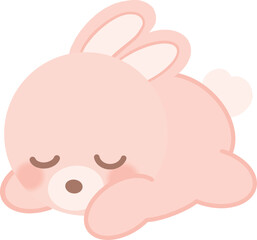 Cartoon pink rabbit is lying face down sleeping on transparent background.